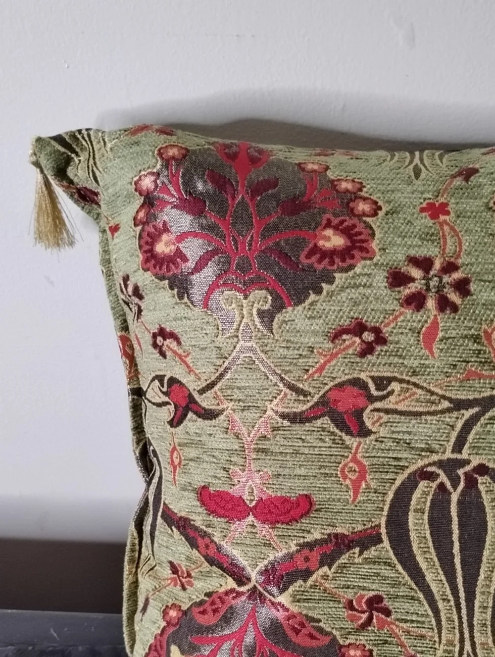 Green Decorative Throw Pillow with Red & Gold Floral Damask